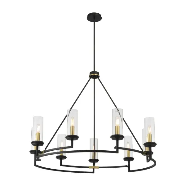 The Hillstone chandelier makes a striking statement with its 40-inch linear design, combining Sand Coal and Soft Brass finishes for sophisticated two-tone appeal. Nine candelabra lights provide ample illumination through clear glass shades.