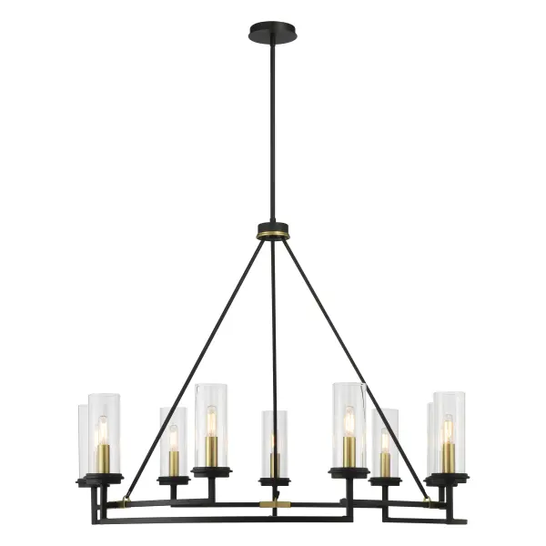 The Hillstone chandelier makes a striking statement with its 40-inch linear design, combining Sand Coal and Soft Brass finishes for sophisticated two-tone appeal. Nine candelabra lights provide ample illumination through clear glass shades. - alternate view