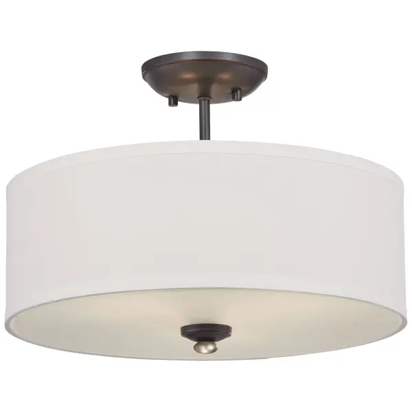 The Shadowglen semi-flush mount combines traditional bronze metalwork with contemporary fabric shading. Its compact 16-inch profile and warm gold highlights create inviting ambient light perfect for intimate spaces.