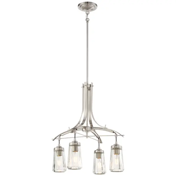 The Poleis 4-Light Chandelier combines brushed nickel finish with clear glass shades for a refined transitional look. Its compact 21-inch width makes it perfect for smaller dining areas, kitchen islands, or breakfast nooks.