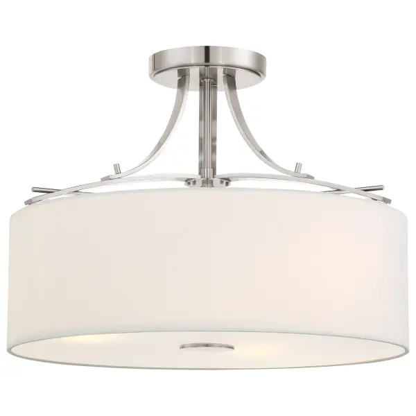 The Poleis semi-flush mount combines brushed nickel hardware with a fabric drum shade and clear glass diffuser, creating soft, ambient lighting. Its compact 16.5" profile suits smaller spaces while providing ample illumination.