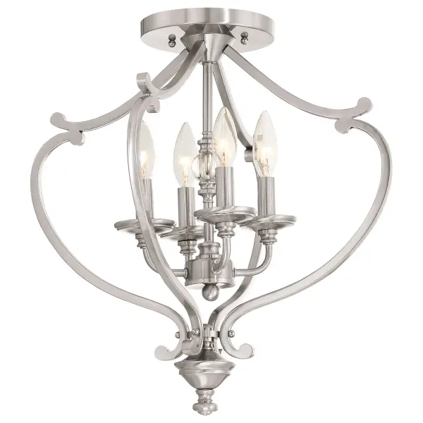 The Savannah Row semi-flush mount combines timeless transitional design with practical functionality. Its 18-inch width and brushed nickel finish make it ideal for rooms with lower ceilings, while glass shades provide warm, diffused light.