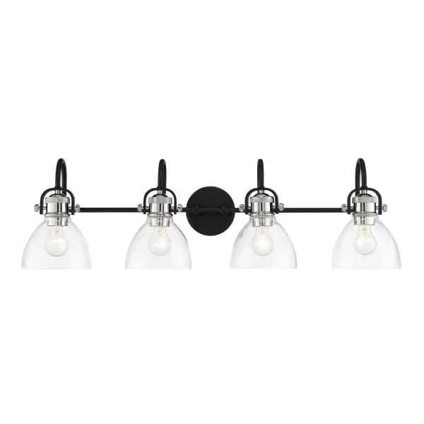 The Monico 4-Light Bath combines traditional elegance with industrial edge through its polished nickel and coal two-tone finish. Clear seedy glass shades add vintage character while providing ample illumination across 35.75 inches.