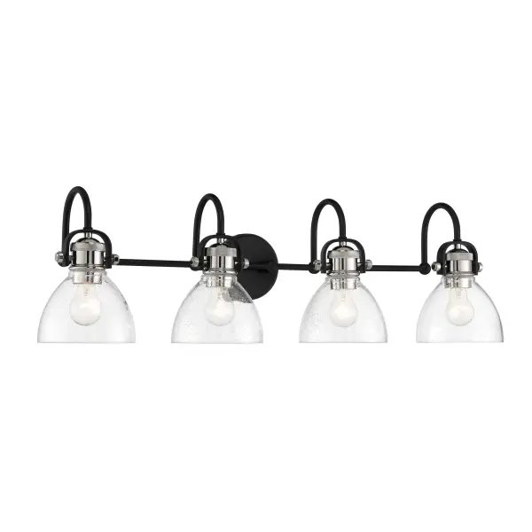 The Monico 4-Light Bath combines traditional elegance with industrial edge through its polished nickel and coal two-tone finish. Clear seedy glass shades add vintage character while providing ample illumination across 35.75 inches. - alternate view