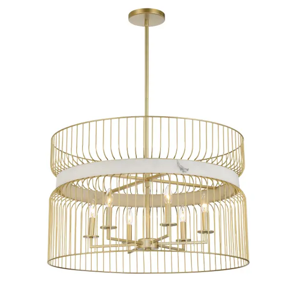 Robin Baron's Park Slope pendant combines contemporary elegance with timeless materials. Six candelabra lights behind faux alabaster shades create a warm, diffused glow, while the Nouveau Gold finish adds luxe sophistication.