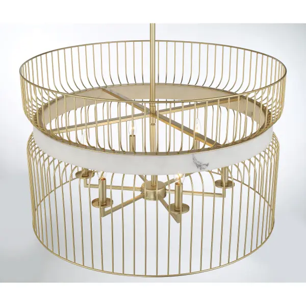 Robin Baron's Park Slope pendant combines contemporary elegance with timeless materials. Six candelabra lights behind faux alabaster shades create a warm, diffused glow, while the Nouveau Gold finish adds luxe sophistication. - alternate view
