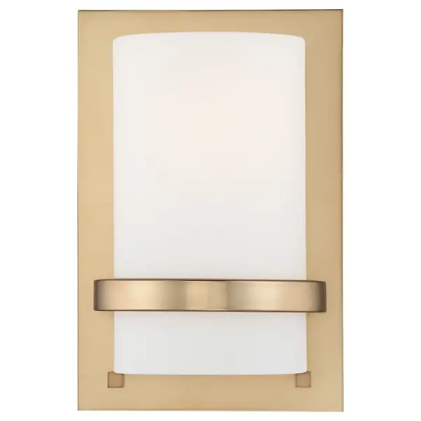 This compact wall sconce combines transitional elegance with practical ADA compliance. The warm honey gold finish and etched white glass create soft, diffused lighting perfect for hallways and bathrooms.