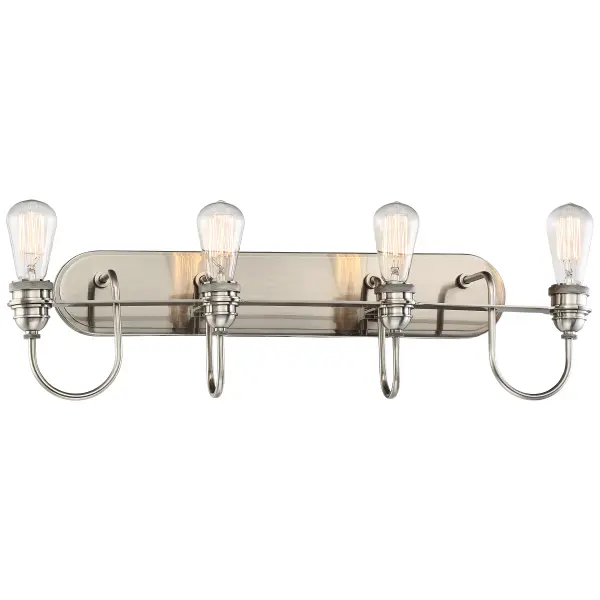 The Uptown Edison 4-Light Bath combines transitional elegance with industrial charm. Its plated pewter finish and exposed Edison bulbs create a sophisticated yet relaxed ambiance perfect for modern bathrooms.