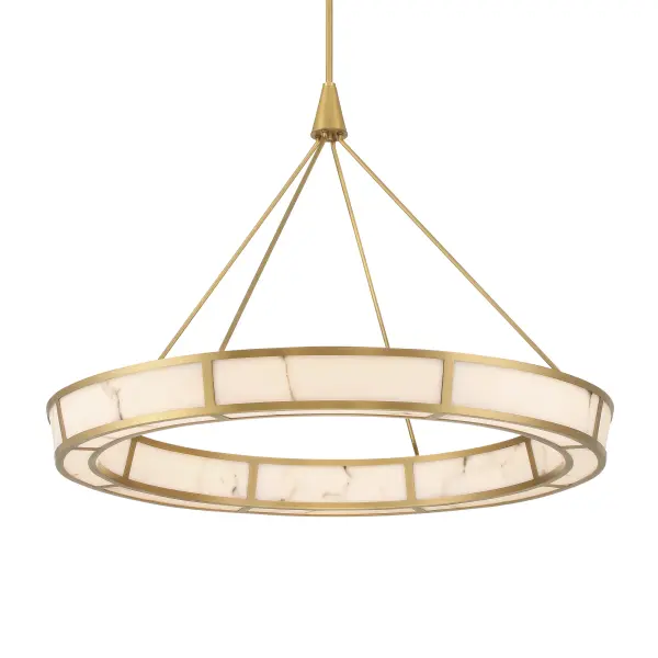 The Velaris 36" LED Pendant combines timeless elegance with modern efficiency. Its Legacy Brass finish and faux alabaster shade create a warm, inviting ambiance perfect for dining spaces and kitchen islands.