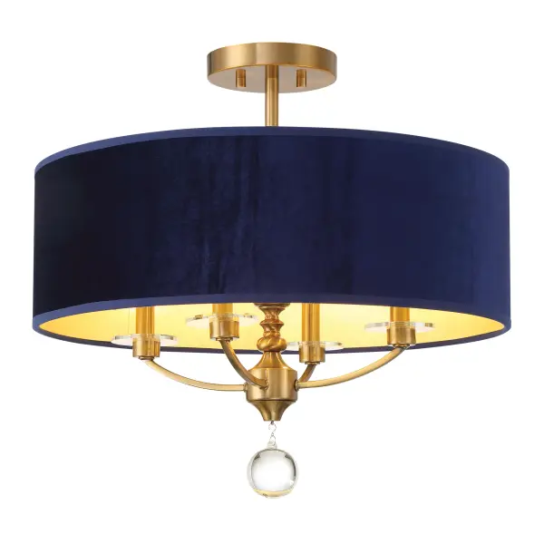Luxurious Traditional Semi-Flush with Rich Blue Velvet and Brass Detailing - Image 1
