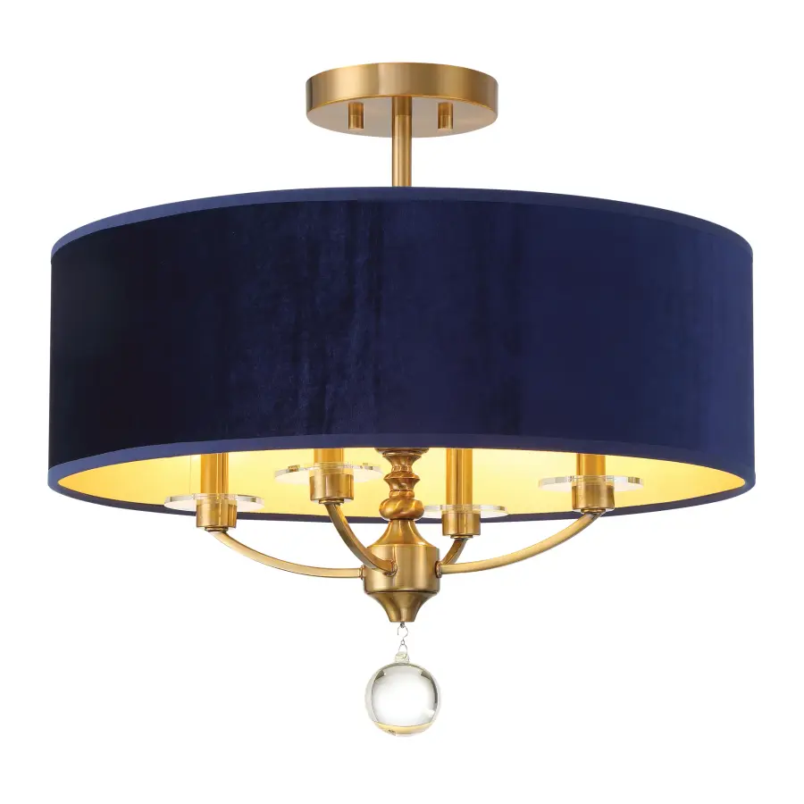 Luxurious Traditional Semi-Flush with Rich Blue Velvet and Brass Detailing - Image 1