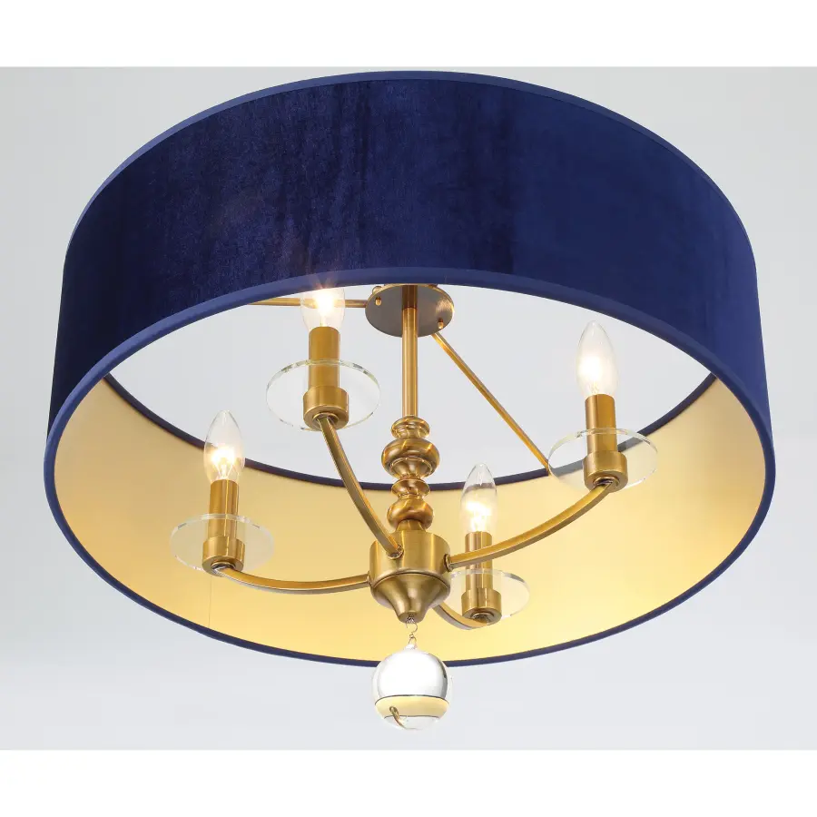 Luxurious Traditional Semi-Flush with Rich Blue Velvet and Brass Detailing - Image 2
