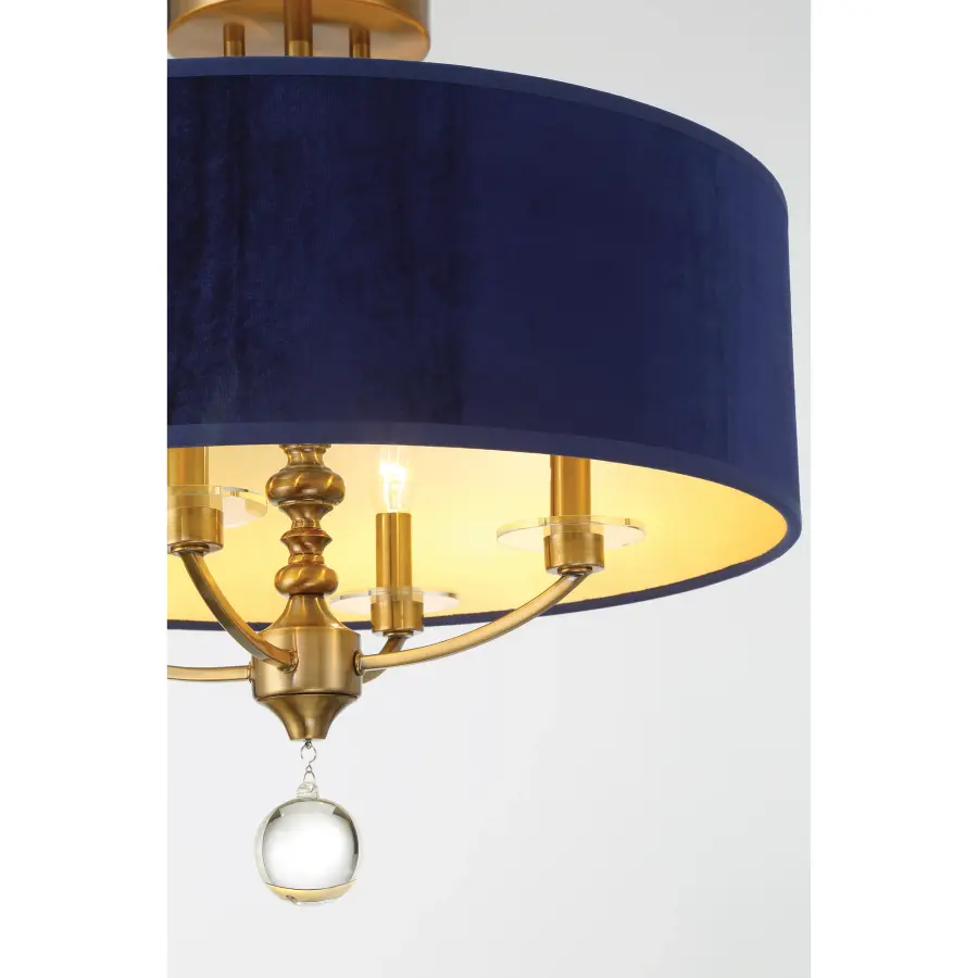 Luxurious Traditional Semi-Flush with Rich Blue Velvet and Brass Detailing - Image 3