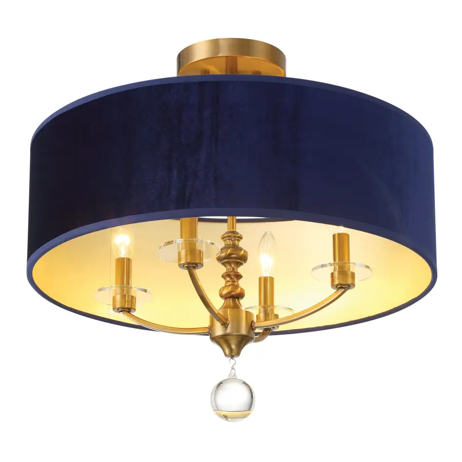 Luxurious Traditional Semi-Flush with Rich Blue Velvet and Brass Detailing - Image 4