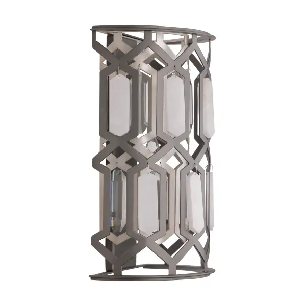 The Hexly wall sconce combines contemporary design with artisanal materials, featuring clear crystal and alabaster stone accents in a bronze and sultry silver finish. At 16" tall, it provides elegant ambient lighting. - alternate view