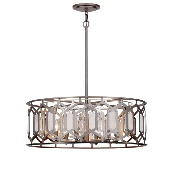The Hexly pendant combines contemporary geometry with luxurious materials, featuring six lights adorned with clear crystal and alabaster stone accents in a striking bronze and silver finish.
