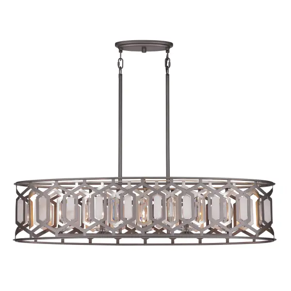 The Hexly brings contemporary elegance to kitchen islands and dining spaces with its striking 44-inch linear design. Bronze and sultry silver finishes combine with clear crystal and alabaster stone accents for a refined, jewelry-like aesthetic that elevates modern interiors.
