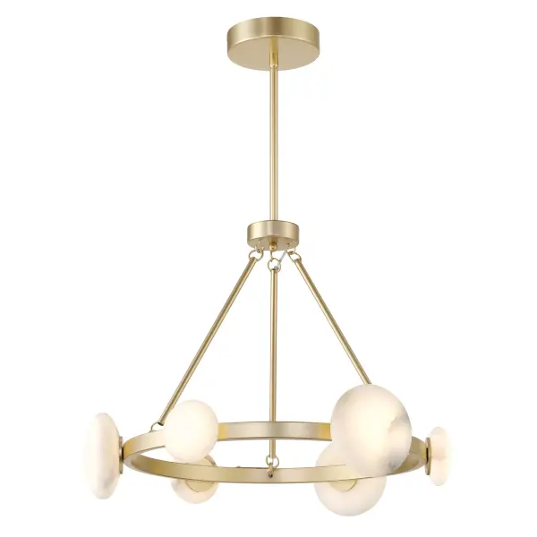 The Zill 6-Light Chandelier combines modern sophistication with natural warmth through its Lily Gold finish and genuine alabaster shades. High-output integrated LED delivers 4,683 lumens with excellent color rendering.