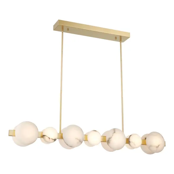 The Zill brings sophisticated modern elegance with 14 integrated LEDs housed in natural alabaster shades. Its 48-inch linear design and warm Lily Gold finish create a luxurious focal point perfect for kitchen islands and dining tables.