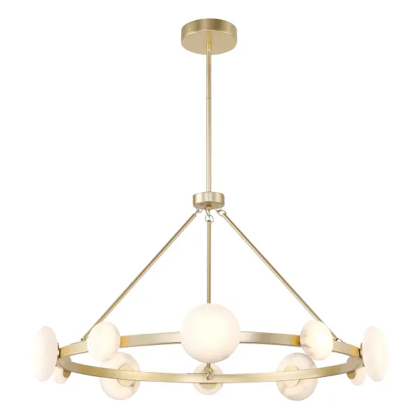 The Zill 10-Light Chandelier combines contemporary elegance with natural materials. Its 42-inch linear design features warm Lily Gold finish paired with genuine alabaster shades, creating sophisticated ambient lighting perfect for modern dining spaces.