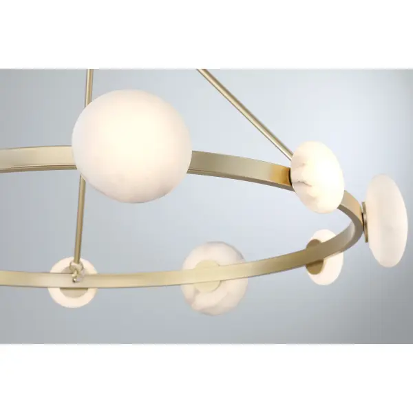 The Zill 10-Light Chandelier combines contemporary elegance with natural materials. Its 42-inch linear design features warm Lily Gold finish paired with genuine alabaster shades, creating sophisticated ambient lighting perfect for modern dining spaces. - alternate view
