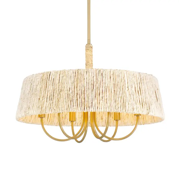 The Hellia pendant combines warm Legacy Brass metalwork with handwoven natural abaca rope for a sophisticated organic look. Its 24-inch diameter and 6-light configuration provide ample illumination while the natural fiber shade creates soft, ambient lighting perfect for casual dining and entertaining spaces.