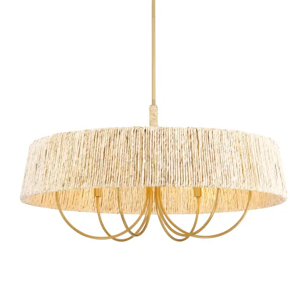 The Hellia 36" pendant combines natural abaca rope with legacy brass for a sophisticated organic modern aesthetic. Its substantial 36-inch width makes it perfect for large dining tables and kitchen islands, while the handcrafted rope shade creates beautiful ambient lighting with textural depth.