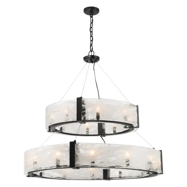 The Cloud Break pendant makes a bold architectural statement with 20 candelabra bulbs arranged in a modern composition. Cloud glass diffusers soften the light while the coal black finish adds contemporary sophistication to large spaces.