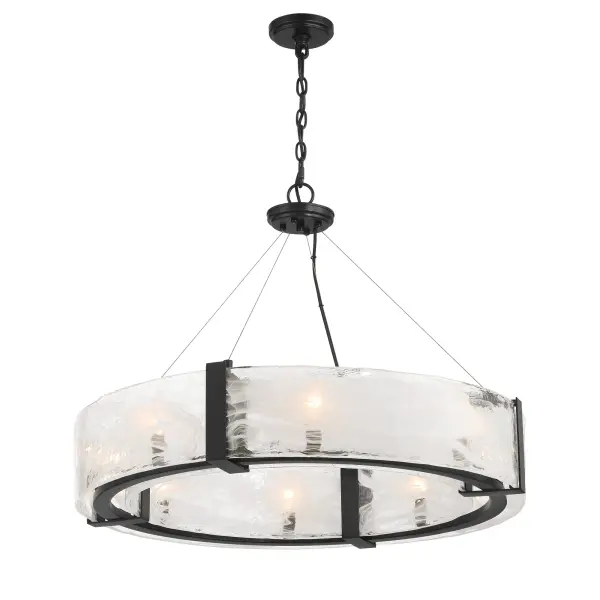 The Cloud Break pendant combines industrial-modern aesthetics with sophisticated cloud glass shades. Its substantial 32-inch width and coal black finish create bold visual impact while eight candelabra bulbs provide ample illumination.