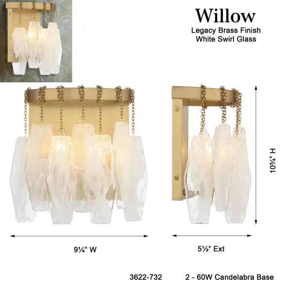 The Willow wall sconce combines timeless brass elegance with soft white swirl glass for versatile ambient lighting. Its compact 10.75" profile fits beautifully in bathrooms, hallways, and bedrooms while providing warm, dimmable illumination. - alternate view