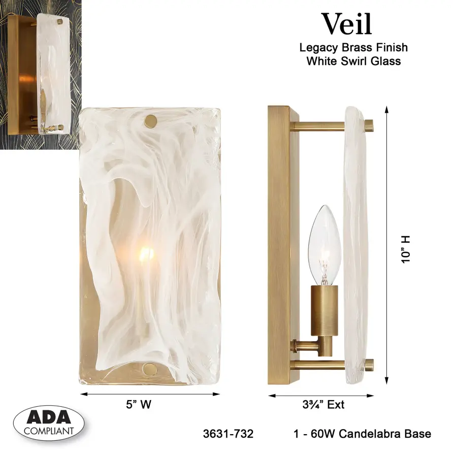 Veil 10" Legacy Brass Wall Sconce with White Swirl Glass - Image 2
