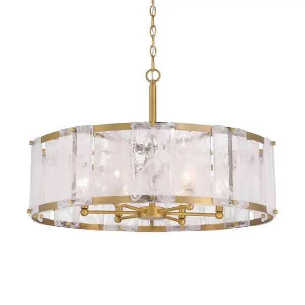 The Veil pendant combines warm Legacy Brass finish with distinctive white swirl glass shades, creating a sophisticated transitional fixture. At 28 inches wide, it provides substantial presence while the 6-light configuration delivers excellent illumination for dining and gathering spaces.