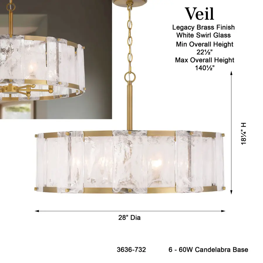 Veil 28" 6-Light Pendant in Legacy Brass - Image 3