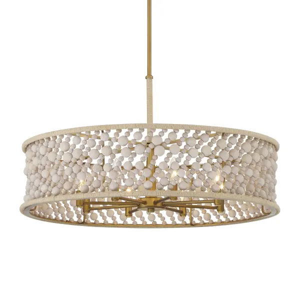 The Horsmore pendant combines bleached wooden beads with painted legacy brass for a sophisticated organic modern aesthetic. Its 29.5-inch diameter and 8-light configuration provide substantial illumination while the natural materials add warmth and coastal charm to any space.