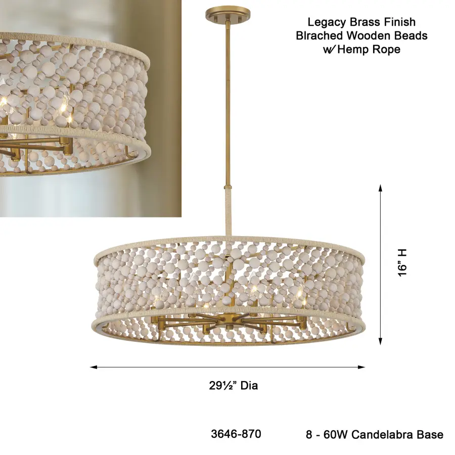 Horsmore 29.5" 8-Light Pendant with Bleached Wooden Beads - Image 3