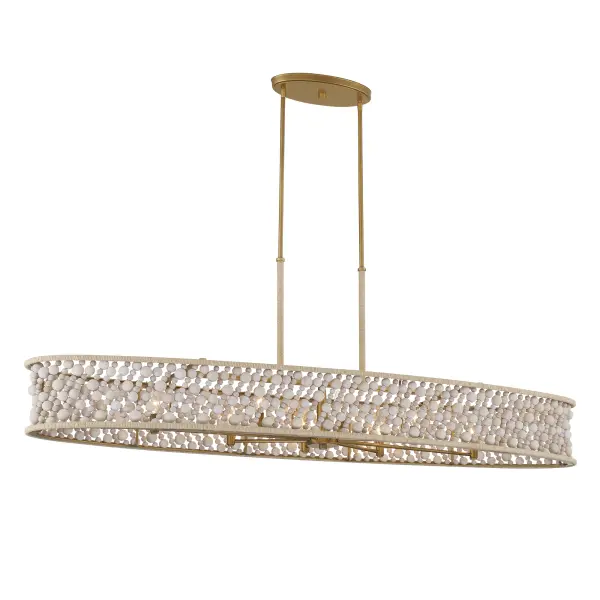 The Horsmore brings organic warmth to modern spaces with its 62-inch linear design featuring bleached wooden beads and painted legacy brass accents. Eight candelabra bulbs provide ample illumination while the natural materials create a relaxed, coastal aesthetic perfect for kitchen islands and dining areas.