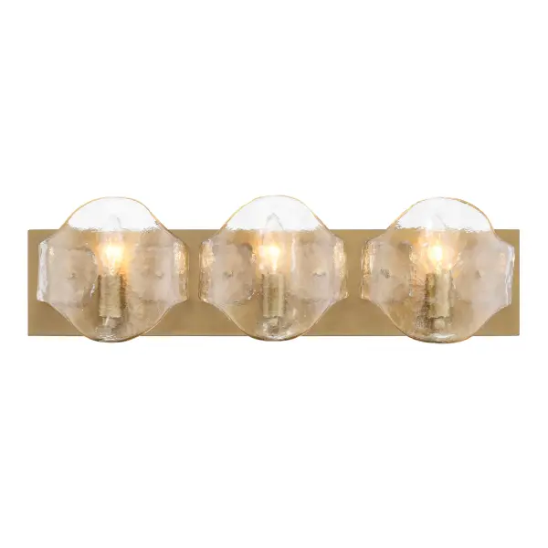 The Elora 3-light vanity combines contemporary styling with artisanal craftsmanship. Its 23-inch width makes it ideal for standard bathroom vanities, while the Legacy Brass finish and textured handmade glass shades add warmth and visual interest to modern and transitional spaces.
