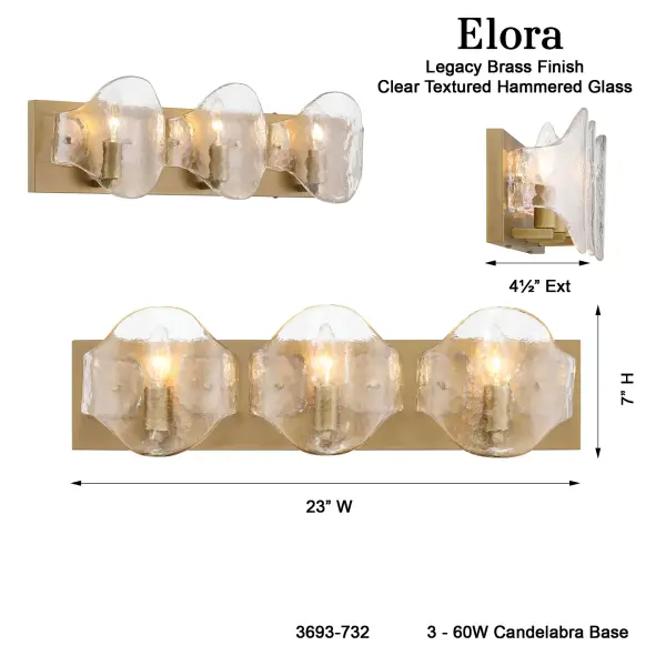 The Elora 3-light vanity combines contemporary styling with artisanal craftsmanship. Its 23-inch width makes it ideal for standard bathroom vanities, while the Legacy Brass finish and textured handmade glass shades add warmth and visual interest to modern and transitional spaces. - alternate view