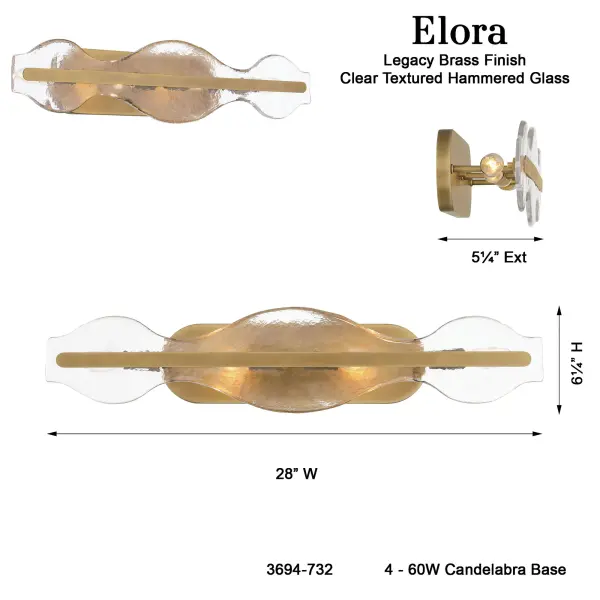 The Elora vanity light combines modern sophistication with artisanal craftsmanship. Its 28-inch span provides excellent illumination for medium to large vanities, while the Legacy Brass finish and textured handmade glass shades add warmth and visual interest to any bathroom. - alternate view