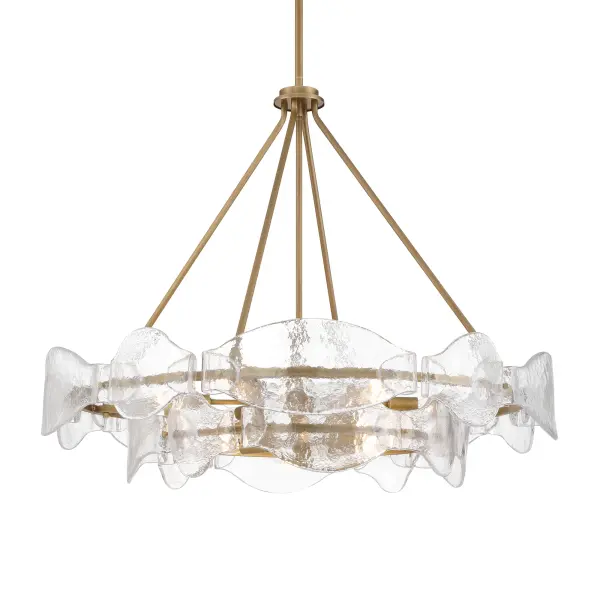 The Elora pendant combines contemporary elegance with artisanal craftsmanship. Its generous 35.75-inch span and 12 handmade textured glass shades create dramatic visual impact, while the Legacy Brass finish adds warmth and sophistication.