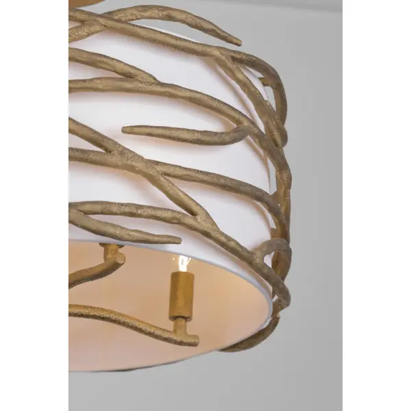 The Branch Reality semi-flush mount combines contemporary styling with warm Ashen Gold finish and soft white fabric shade. Its 20-inch width and 16.5-inch profile make it ideal for rooms with lower ceilings or smaller spaces needing sophisticated lighting. - alternate view