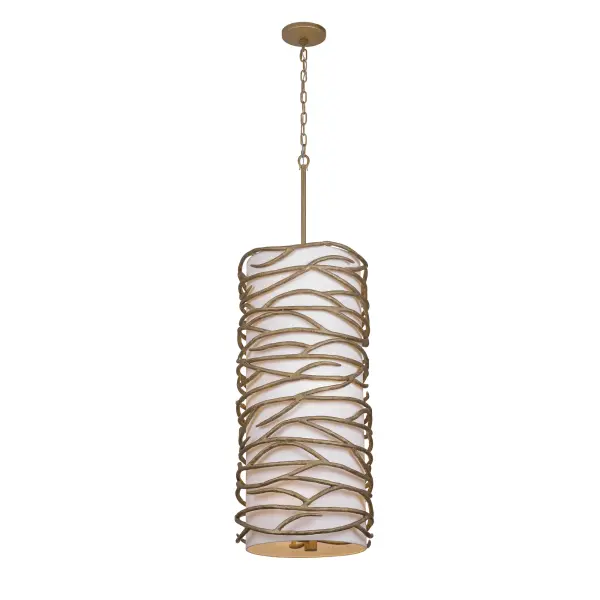 The Branch Reality pendant combines contemporary design with warm Ashen Gold finish and white fabric shades. Its 9-light configuration provides ample illumination for foyers and entryways while the adjustable chain allows customization.