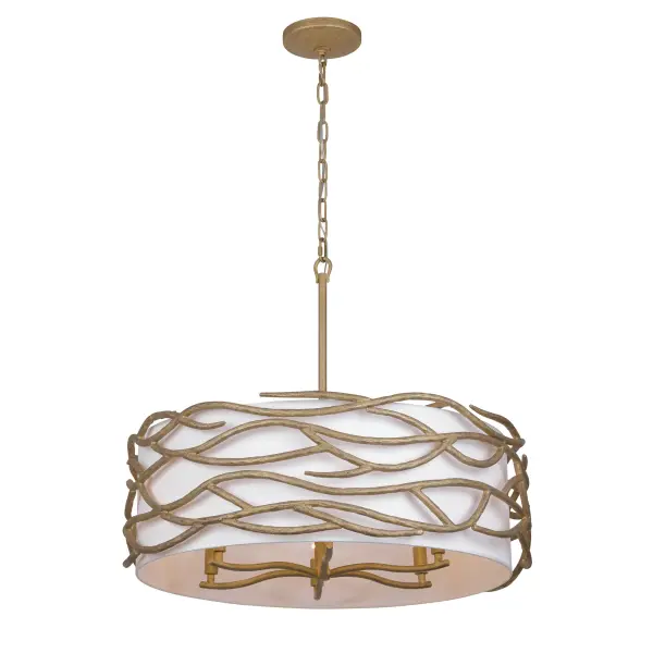 The Branch Reality pendant combines contemporary design with transitional warmth through its Ashen Gold finish and white fabric shade. Six candelabra bulbs provide ample illumination while the 28-inch width makes it versatile for medium-sized spaces.