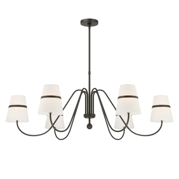 The Althia chandelier combines a textured dark bronze frame with six white linen drum shades, creating a sophisticated linear design perfect for dining rooms and kitchen islands. Its 43.75-inch width provides substantial presence while the soft fabric shades deliver warm, diffused illumination.