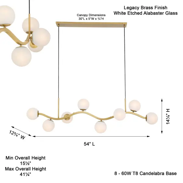 The Curven 54" Island Chandelier combines modern linear design with warm Legacy Brass finish and soft etched alabaster glass shades. Eight lights provide ample illumination for kitchen islands and dining tables. - alternate view