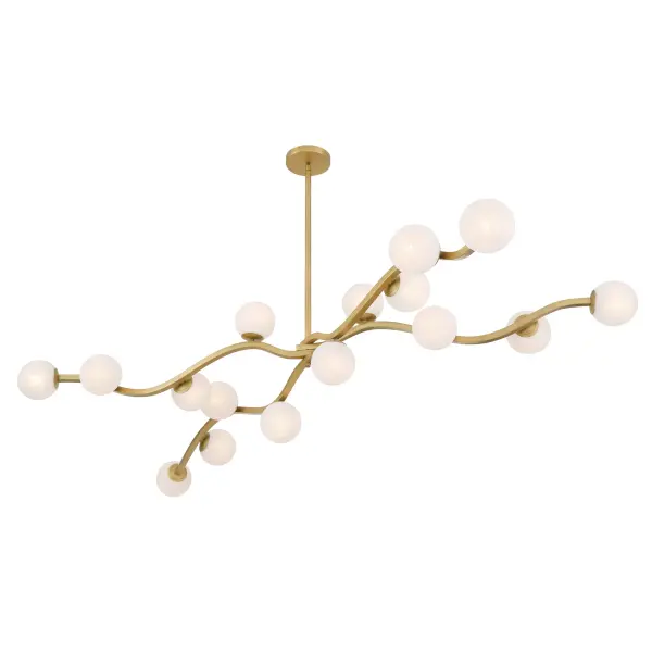 The Curven 75" chandelier makes a dramatic impact with 16 lights spanning over 6 feet. Its Legacy Brass finish and etched alabaster glass create warm, diffused illumination perfect for large dining rooms and commercial spaces.