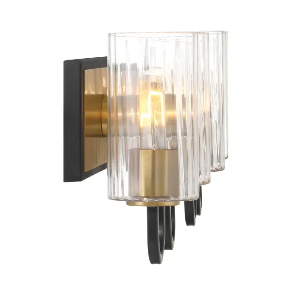 The Orla 28" vanity light combines Legacy Brass and Matte Black finishes with clear ribbed glass shades for sophisticated bathroom lighting. Its 4-light configuration provides ample illumination while the mixed metal aesthetic adds visual interest. - alternate view