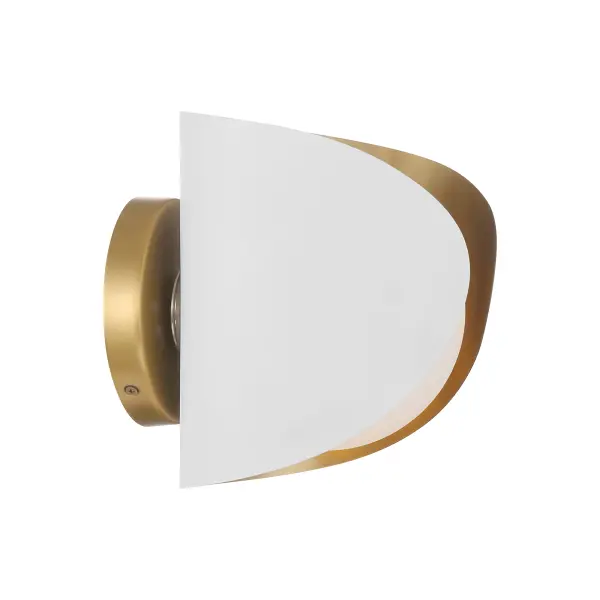The Flare vanity light combines Sand White and Legacy Brass finishes for a sophisticated two-tone look. Its compact 8.5" width and etched opal glass shade provide soft, flattering illumination perfect for bathroom vanities. - alternate view