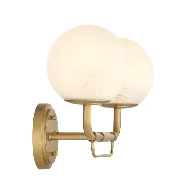 The Whitehall 2-light vanity combines traditional brass elegance with transitional styling. Its 18-inch width and etched alabaster glass shades provide warm, diffused lighting perfect for bathroom vanities and powder rooms. - alternate view