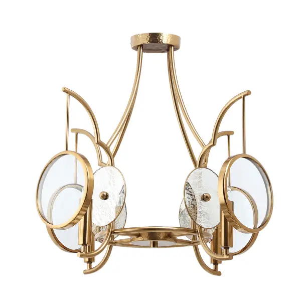 The Into Focus pendant combines contemporary styling with artisan craftsmanship. Four candelabra bulbs shine through clear dome glass accented by antique reflecting glass, creating dimensional lighting effects. The artisan brass finish adds warmth.